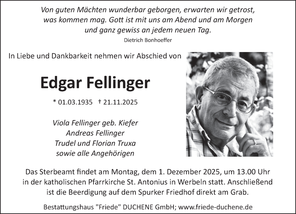  Traueranzeige für Edgar Fellinger vom 29.11.2025 aus saarbruecker_zeitung