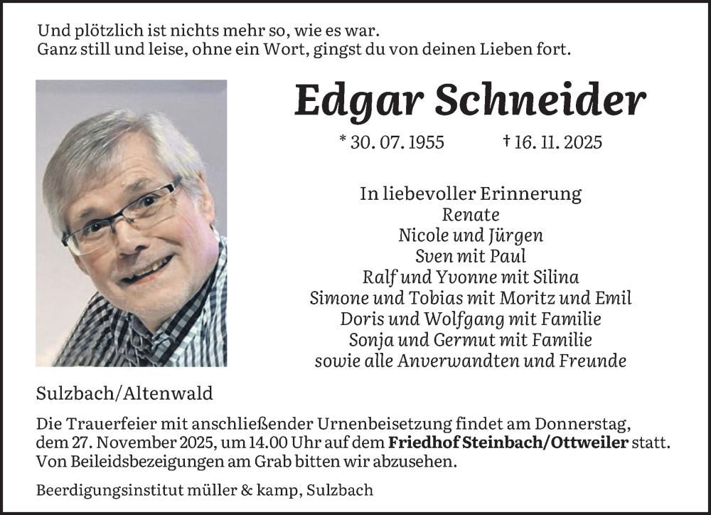  Traueranzeige für Edgar Schneider vom 22.11.2025 aus saarbruecker_zeitung