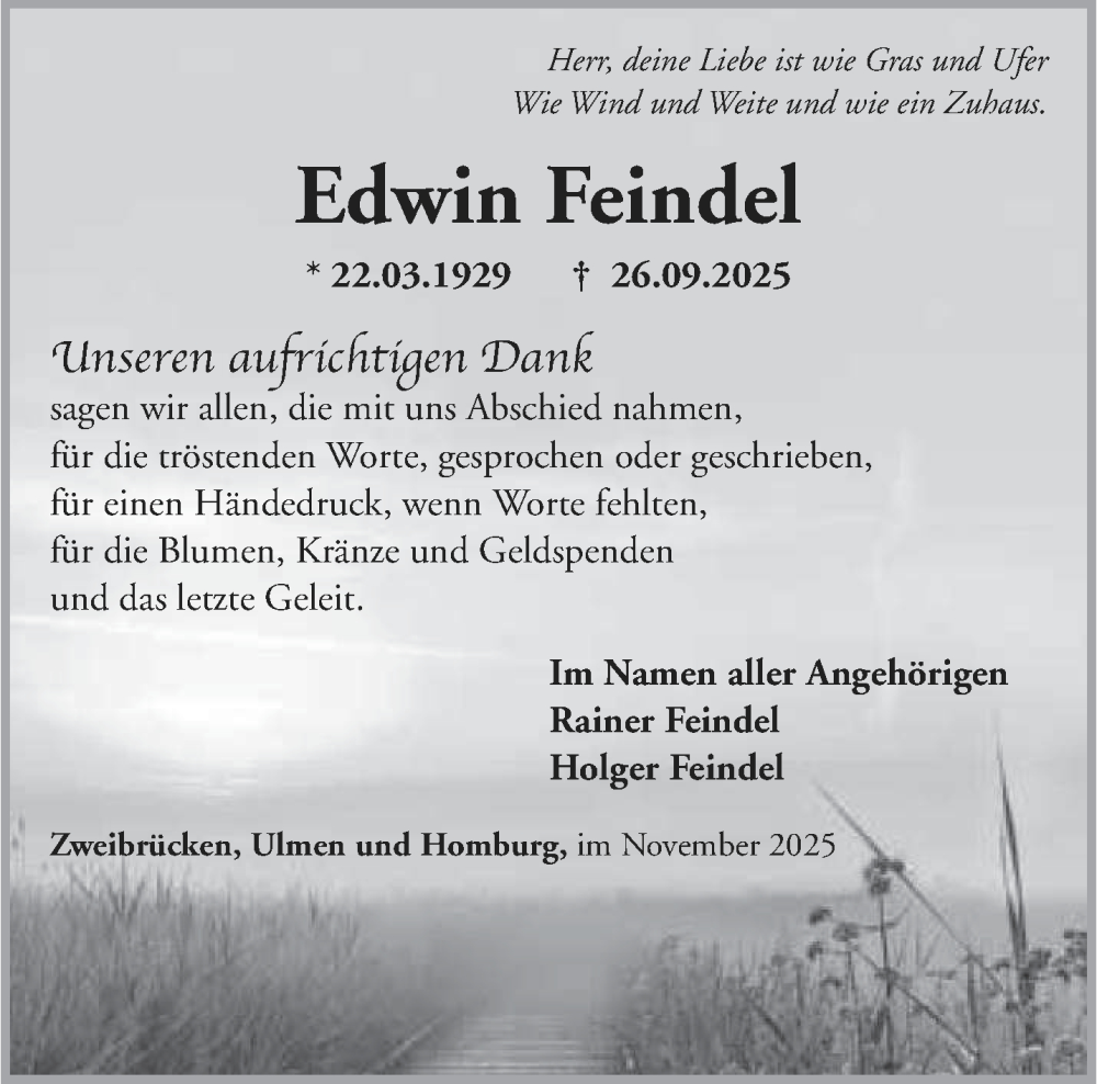  Traueranzeige für Edwin Feindel vom 15.11.2025 aus saarbruecker_zeitung