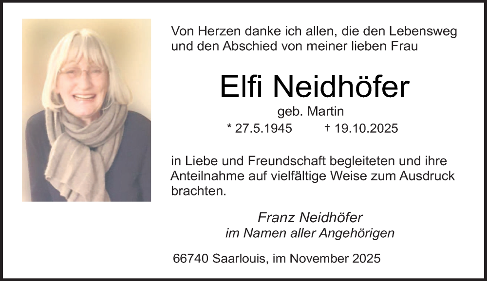  Traueranzeige für Elfi Neidhöfer vom 15.11.2025 aus saarbruecker_zeitung