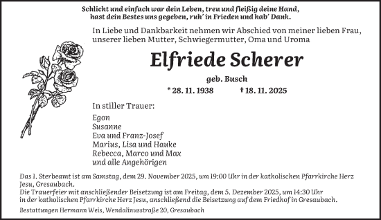 Traueranzeige von Elfriede Scherer von saarbruecker_zeitung