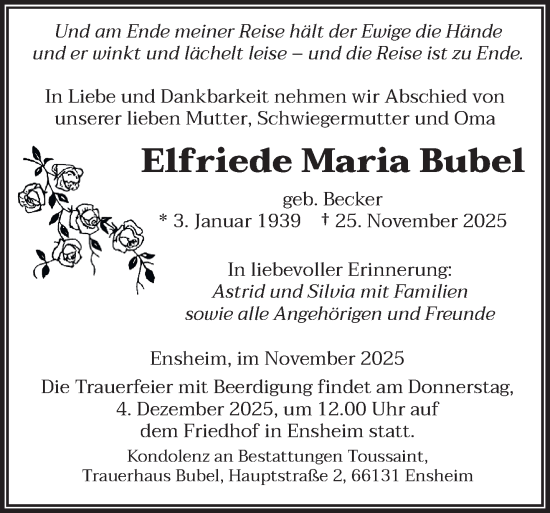 Traueranzeige von Elfriede Maria Bubel von saarbruecker_zeitung