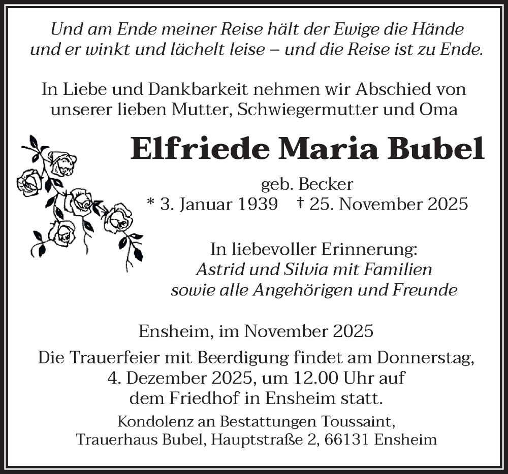  Traueranzeige für Elfriede Maria Bubel vom 29.11.2025 aus saarbruecker_zeitung