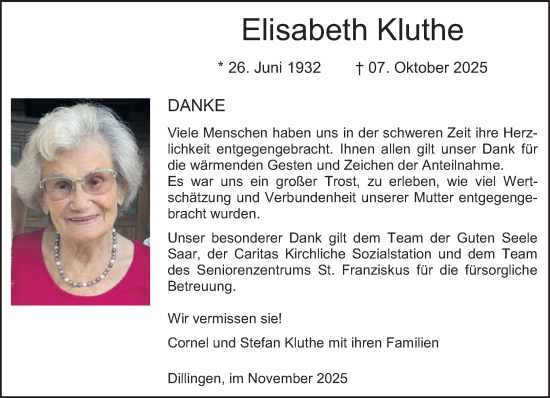 Traueranzeige von Elisabeth Kluthe von saarbruecker_zeitung