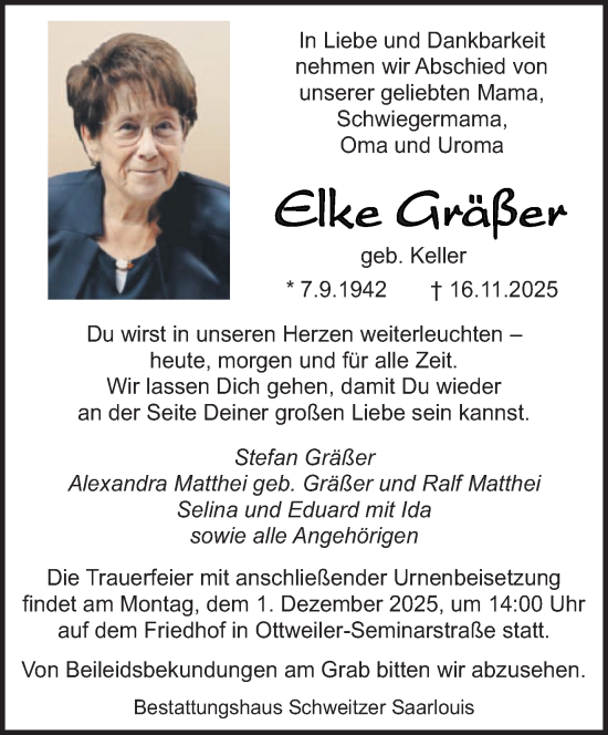 Traueranzeige von Elke Gräßer von saarbruecker_zeitung