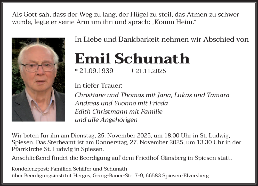  Traueranzeige für Emil Schunath vom 25.11.2025 aus saarbruecker_zeitung