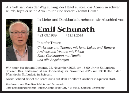 Traueranzeige von Emil Schunath von saarbruecker_zeitung
