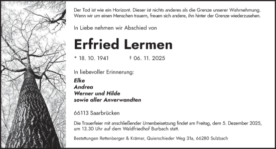 Traueranzeige von Erfried Lermen von saarbruecker_zeitung
