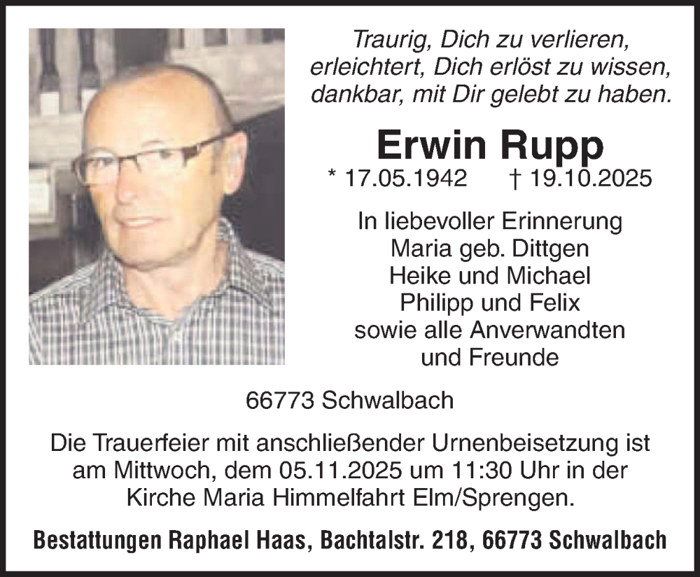  Traueranzeige für Erwin Rupp vom 03.11.2025 aus saarbruecker_zeitung