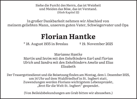 Traueranzeige von Florian Hantke von saarbruecker_zeitung