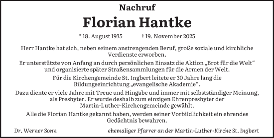 Traueranzeige von Florian Hantke von saarbruecker_zeitung