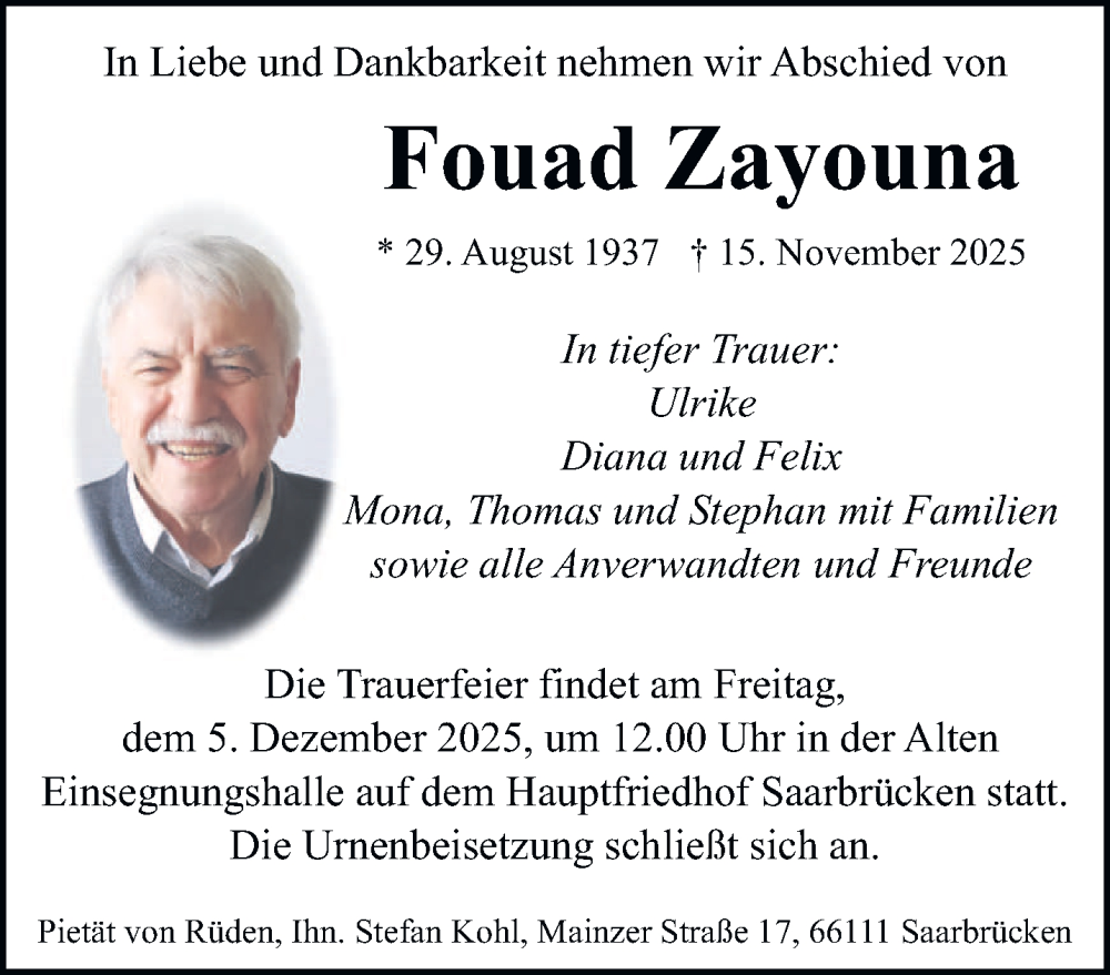  Traueranzeige für Fouad Zayouna vom 29.11.2025 aus saarbruecker_zeitung