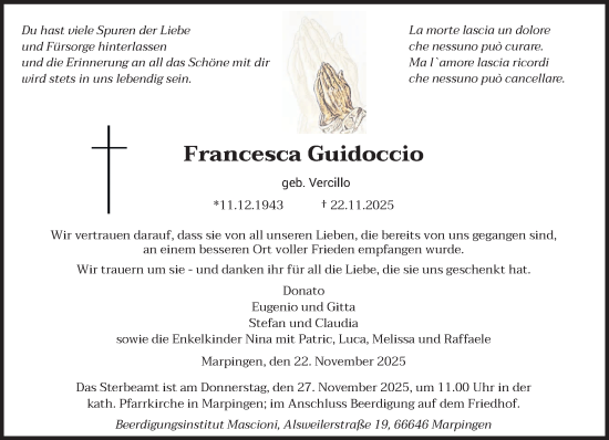 Traueranzeige von Francesca Guidoccio von saarbruecker_zeitung