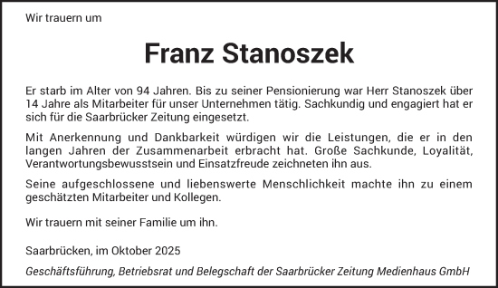 Traueranzeige von Franz Stanoszek von saarbruecker_zeitung