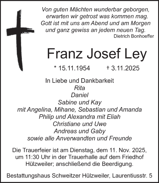 Traueranzeige von Franz Josef Ley von saarbruecker_zeitung
