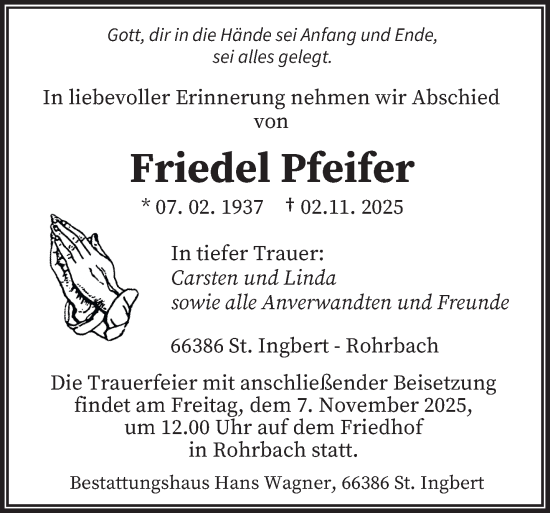 Traueranzeige von Friedel Pfeifer von saarbruecker_zeitung
