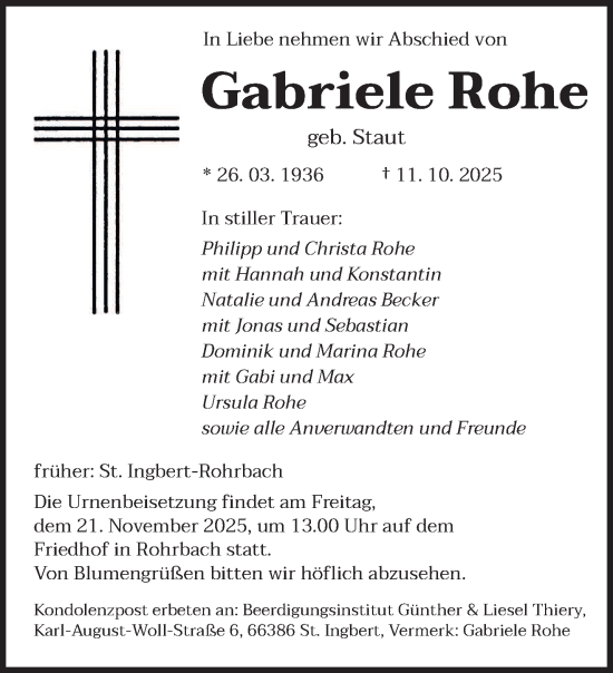Traueranzeige von Gabriele Rohe von saarbruecker_zeitung