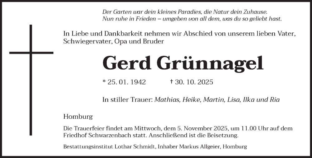  Traueranzeige für Gerd Grünnagel vom 03.11.2025 aus saarbruecker_zeitung