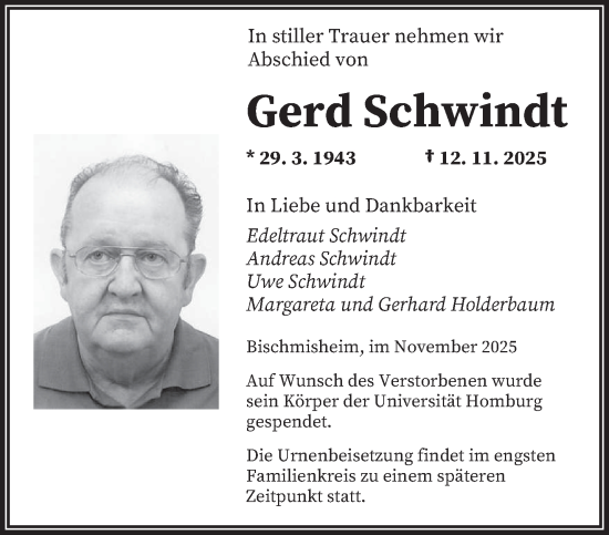 Traueranzeige von Gerd Schwindt von saarbruecker_zeitung