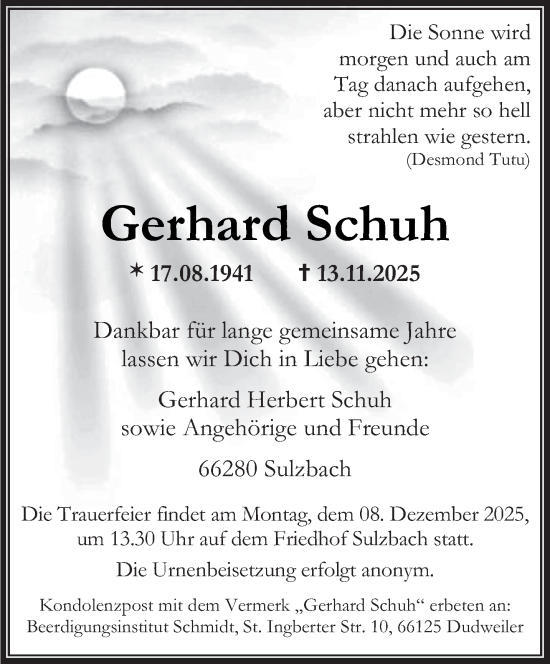 Traueranzeige von Gerhard Schuh von saarbruecker_zeitung