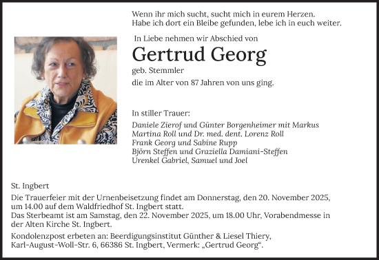 Traueranzeige von Gertrud Georg von saarbruecker_zeitung
