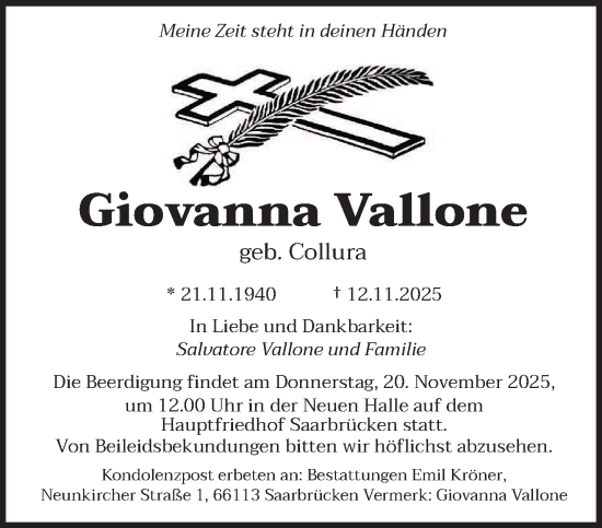 Traueranzeige von Giovanna Vallone von saarbruecker_zeitung
