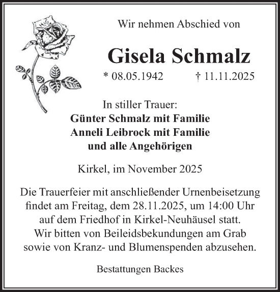 Traueranzeige von Gisela Schmalz von saarbruecker_zeitung