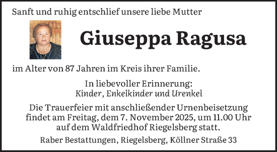 Traueranzeige von Giuseppa Ragusa von saarbruecker_zeitung