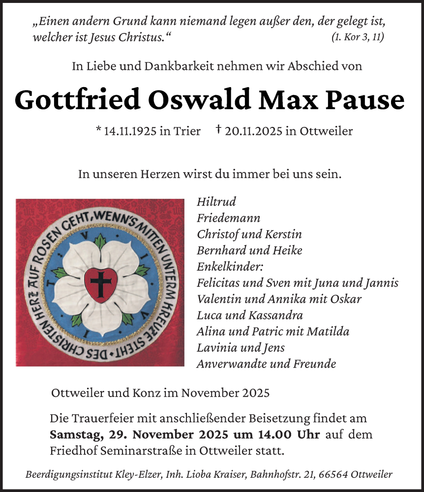  Traueranzeige für Gottfried Oswald Max Pause vom 26.11.2025 aus saarbruecker_zeitung