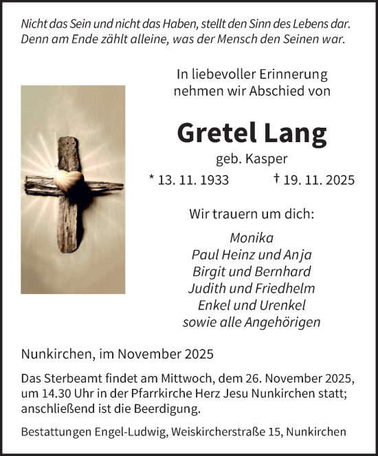 Traueranzeige von Gretel Lang von saarbruecker_zeitung