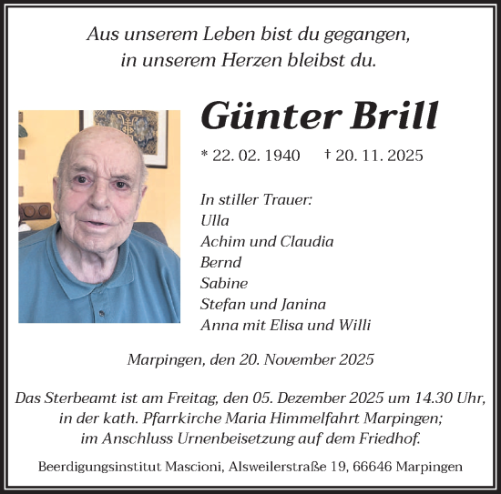 Traueranzeige von Günter Brill von saarbruecker_zeitung
