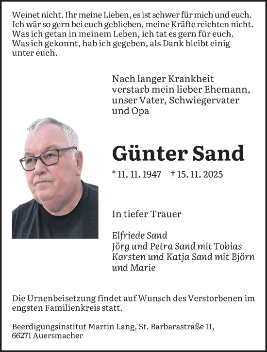 Traueranzeige von Günter Sand von saarbruecker_zeitung