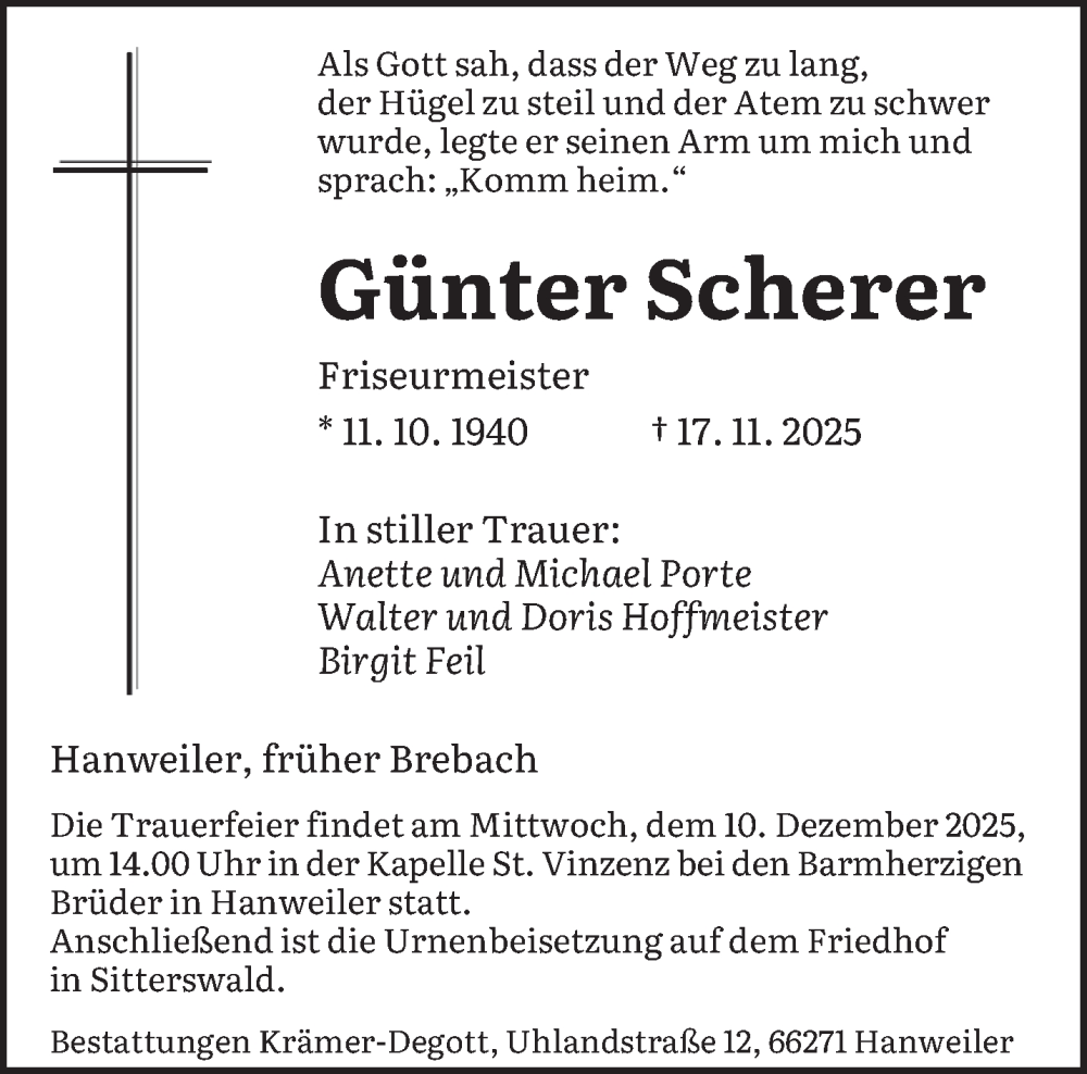  Traueranzeige für Günter Scherer vom 29.11.2025 aus saarbruecker_zeitung