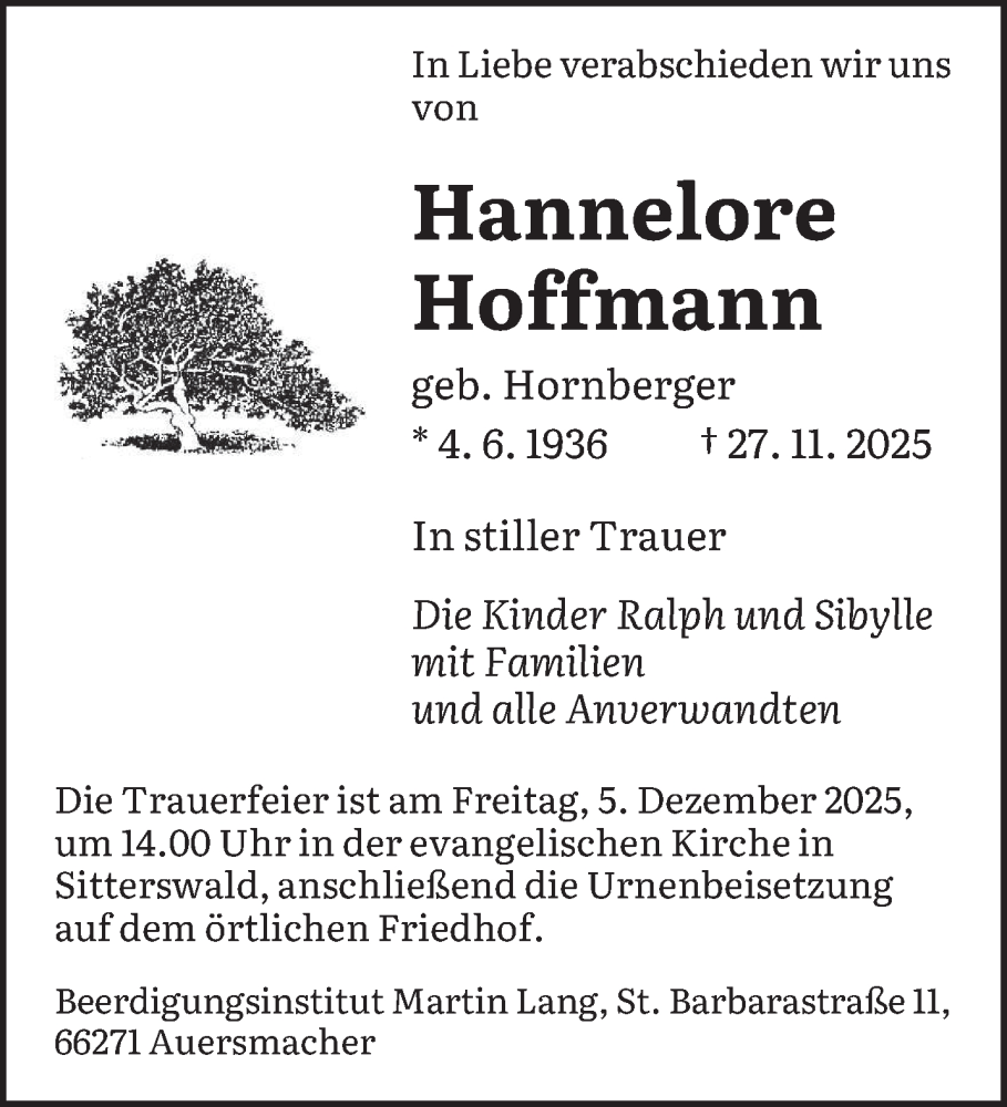  Traueranzeige für Hannelore Hoffmann vom 29.11.2025 aus saarbruecker_zeitung