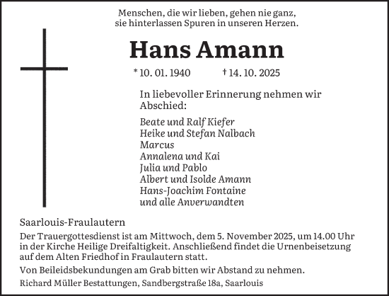 Traueranzeige von Hans Amann von saarbruecker_zeitung