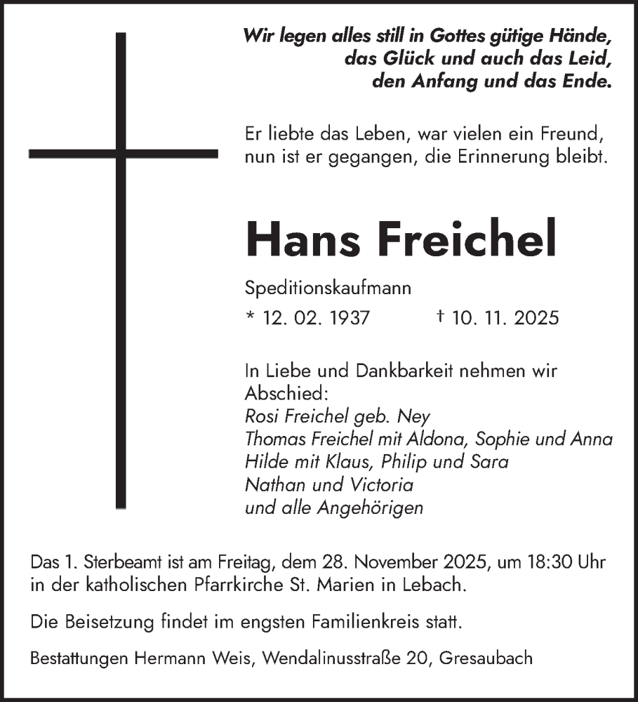  Traueranzeige für Hans Freichel vom 22.11.2025 aus saarbruecker_zeitung