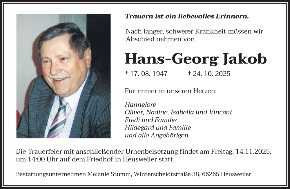  Traueranzeige für Hans-Georg Jakob vom 31.10.2025 aus saarbruecker_zeitung