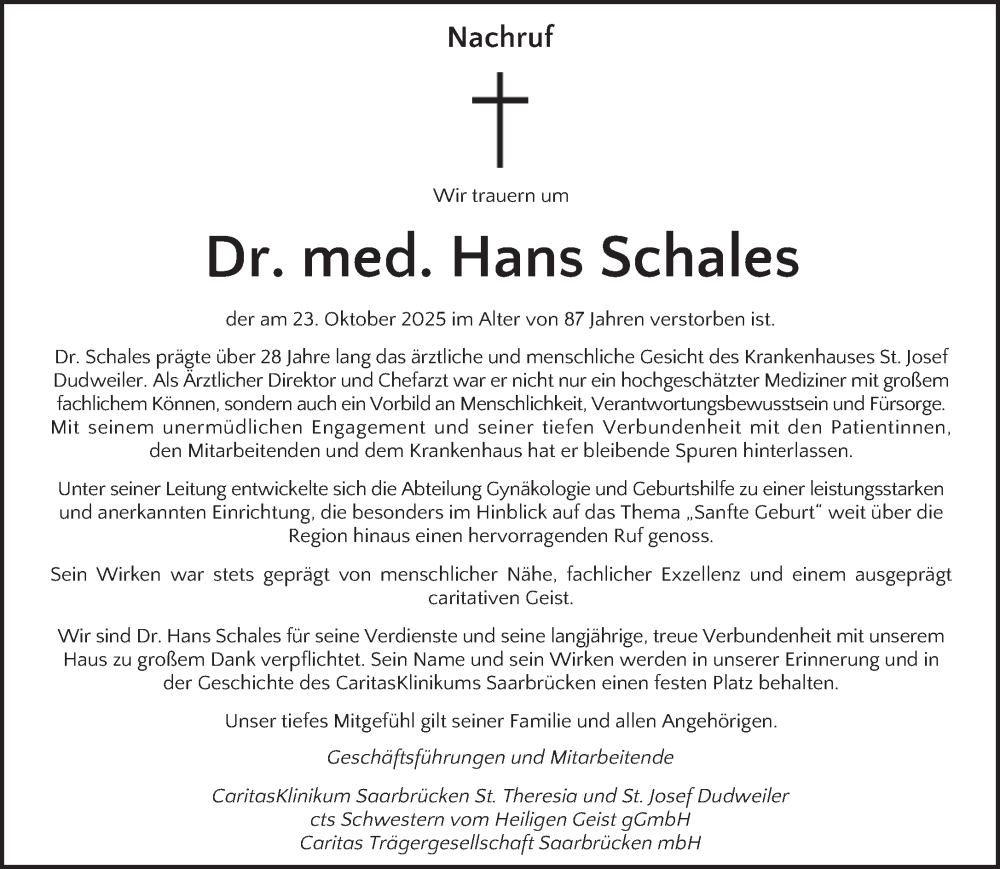  Traueranzeige für Hans Schales vom 31.10.2025 aus saarbruecker_zeitung