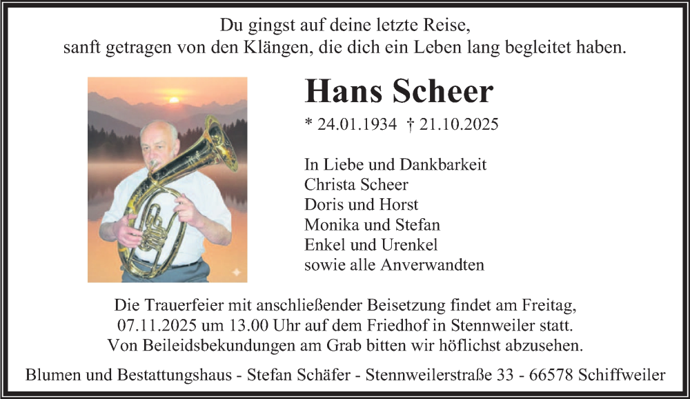  Traueranzeige für Hans Scheer vom 31.10.2025 aus saarbruecker_zeitung