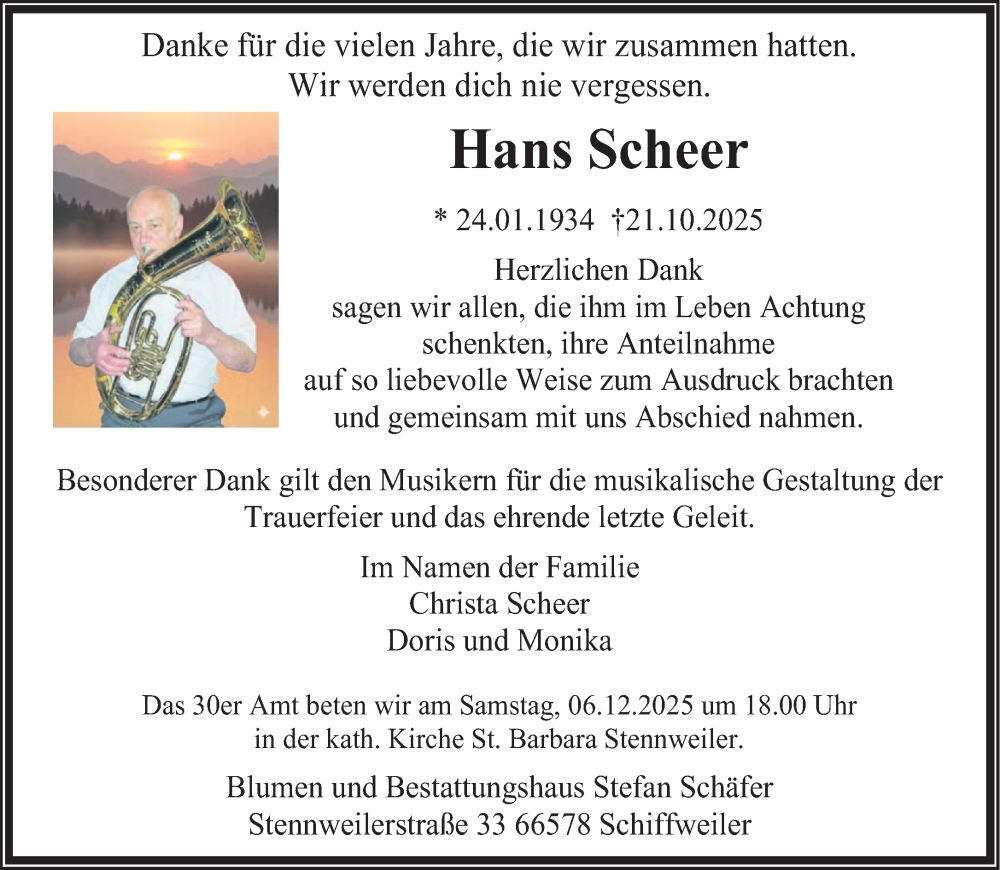  Traueranzeige für Hans Scheer vom 29.11.2025 aus saarbruecker_zeitung