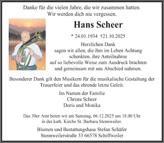 Traueranzeige von Hans Scheer von saarbruecker_zeitung
