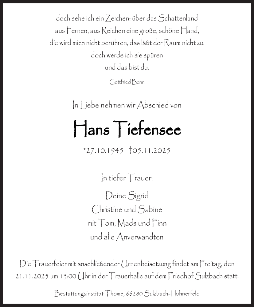  Traueranzeige für Hans Tiefensee vom 15.11.2025 aus saarbruecker_zeitung