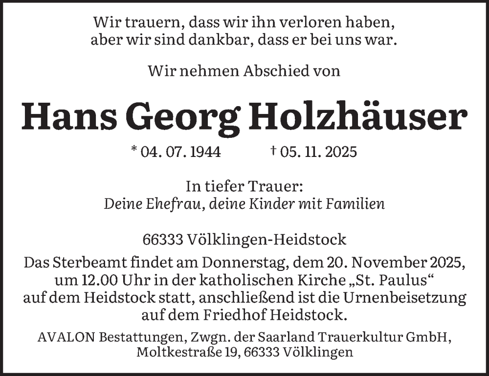  Traueranzeige für Hans Georg Holzhäuser vom 15.11.2025 aus saarbruecker_zeitung