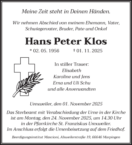 Traueranzeige von Hans Peter Klos von saarbruecker_zeitung