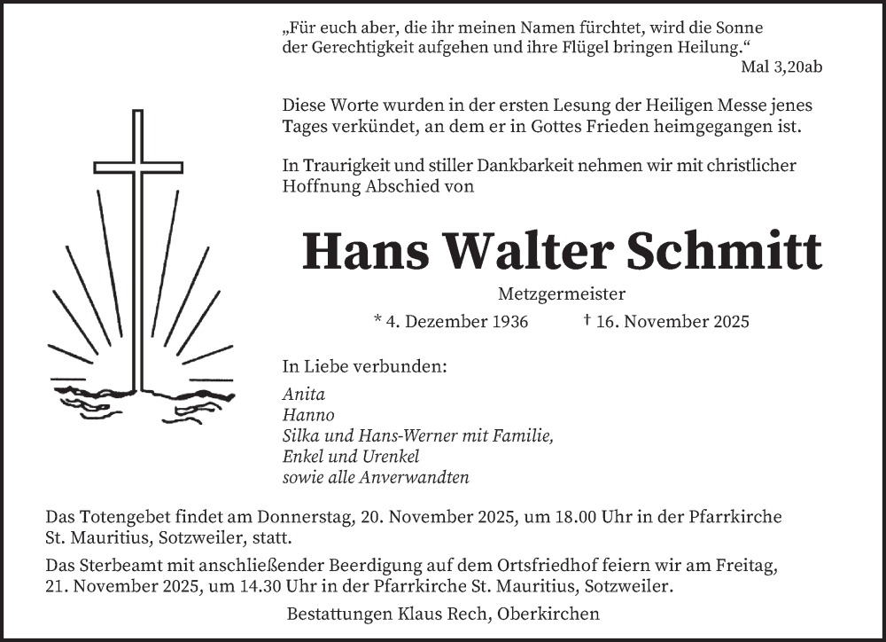  Traueranzeige für Hans Walter Schmitt vom 19.11.2025 aus saarbruecker_zeitung