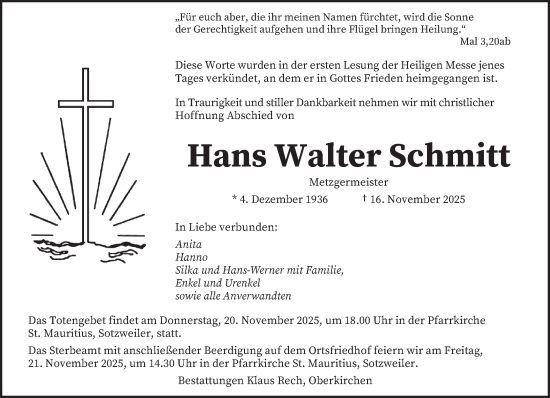 Traueranzeige von Hans Walter Schmitt von saarbruecker_zeitung