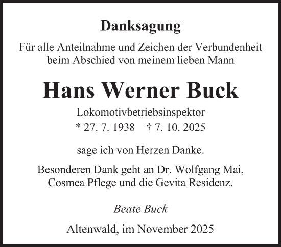 Traueranzeige von Hans Werner Buck von saarbruecker_zeitung
