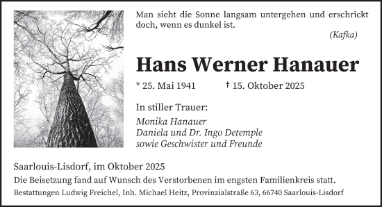 Traueranzeige von Hans Werner Hanauer von saarbruecker_zeitung