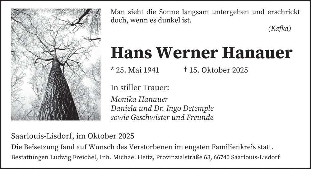  Traueranzeige für Hans Werner Hanauer vom 05.11.2025 aus saarbruecker_zeitung