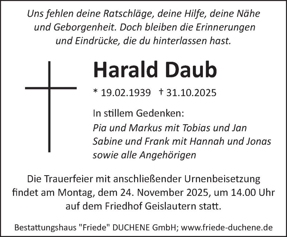  Traueranzeige für Harald Daub vom 22.11.2025 aus saarbruecker_zeitung